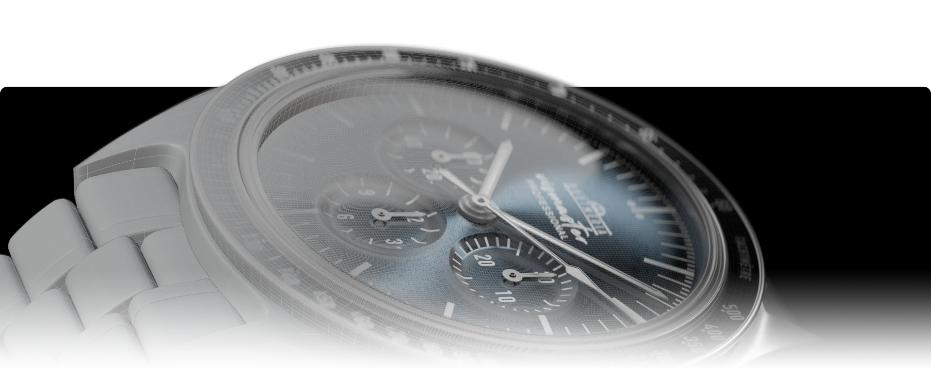 Close up image of a 3d model of a watch, from left to right showing wireframes, mesh and final texturing