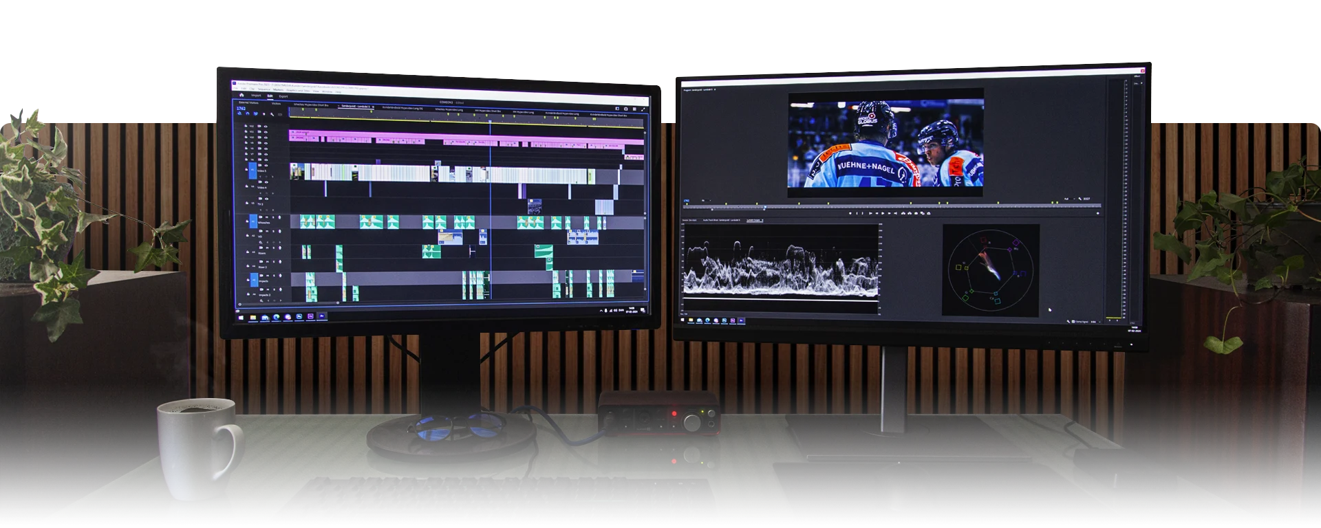 Image of work setup for post-production, a desktop computer with two monitors showing editing programs and two speakers in a studio environment