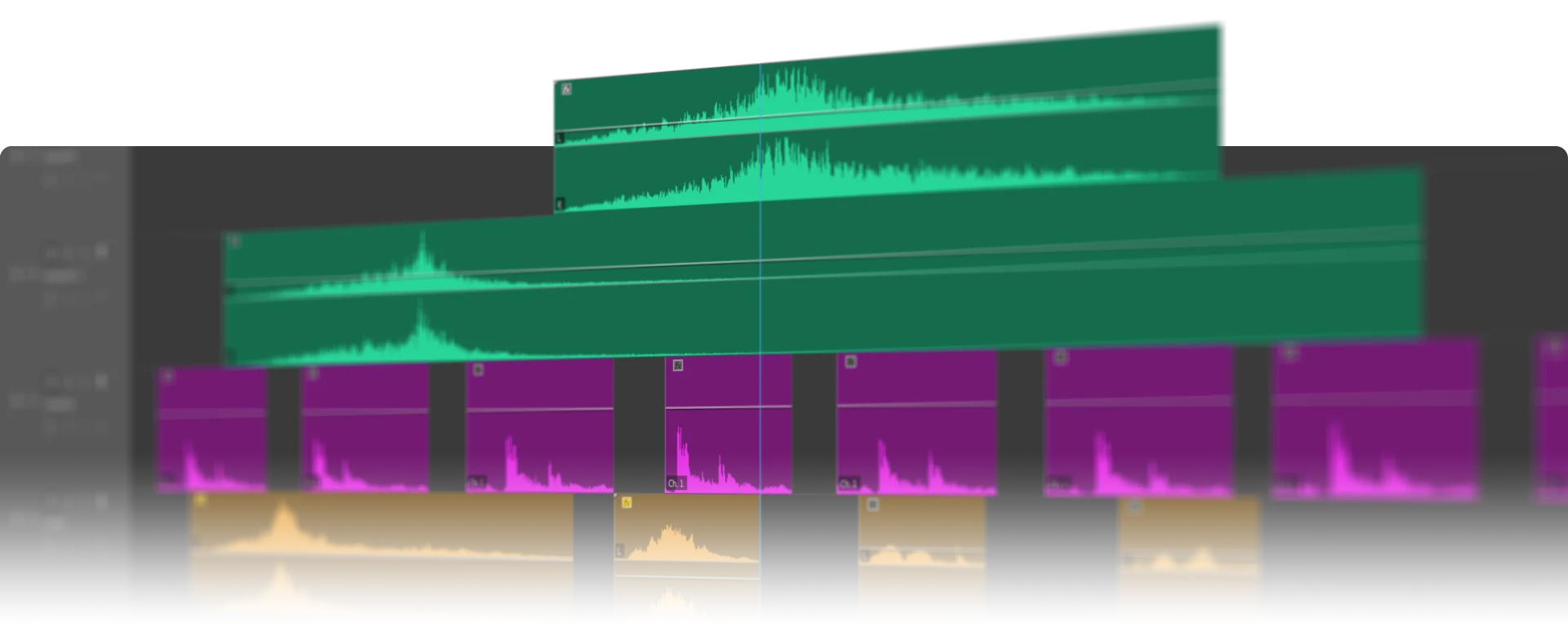 Close up image of a editing timeline showing waveforms for a movie´s sound design